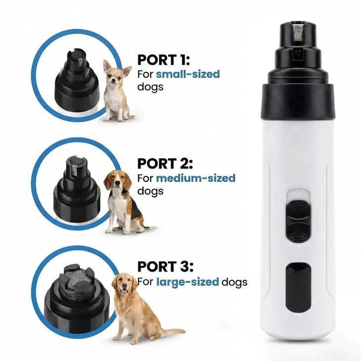 Andis dog nail grinder on a grooming table next to a dog paw