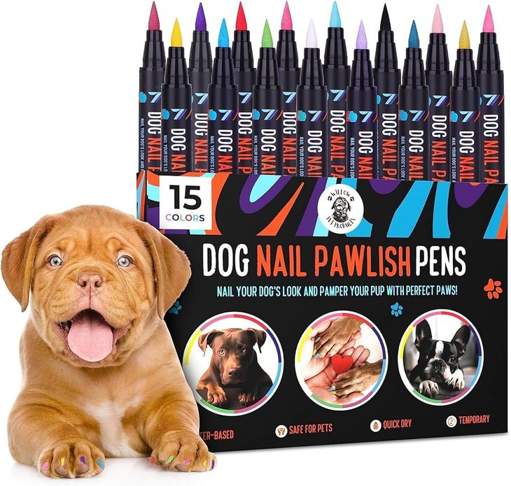 A variety of colorful non-toxic dog nail polish pens resting on a clean table
